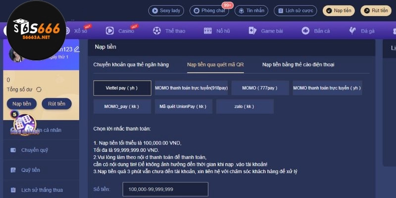 Hướng dẫn nạp tiền nhà cái S666